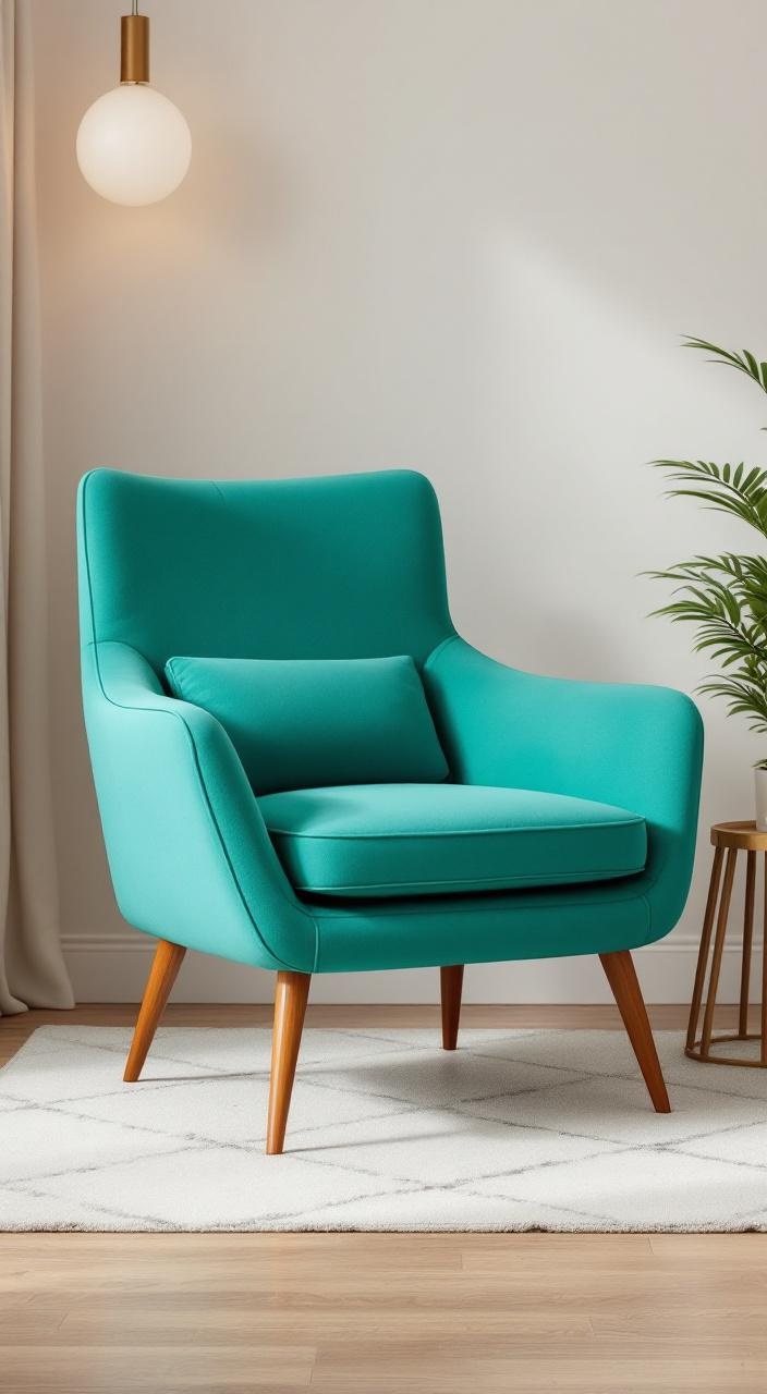 Mid-Century Modern accent chair with sleek lines, vibrant upholstery, and wooden legs, blending style and comfort.
