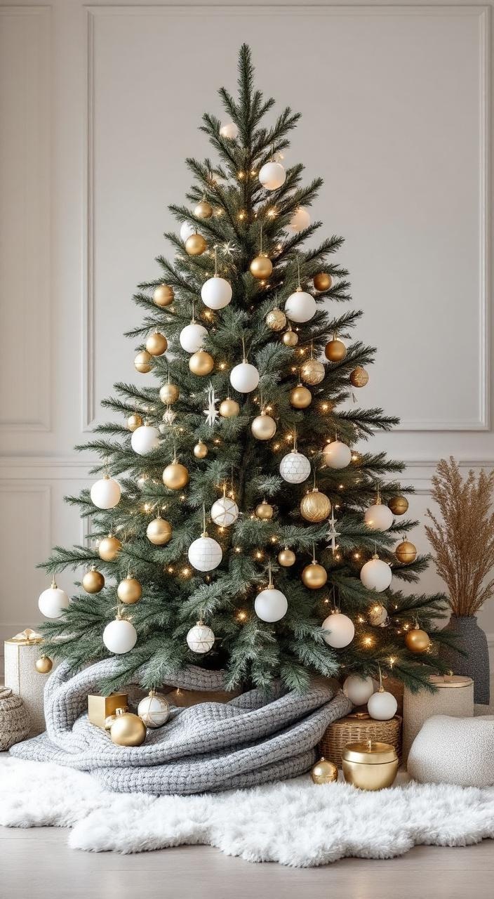 Modern minimalist Christmas decor featuring an asymmetrical tree with monochromatic ornaments and lights.