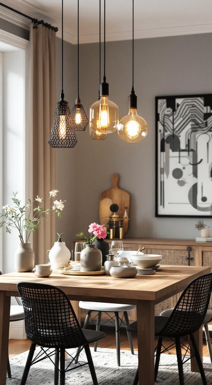Stylish pendant lights in various designs, enhancing kitchens, dining areas, and entryways with charm.