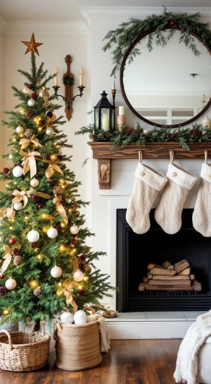 Rustic farmhouse Christmas decor with wooden tree, burlap, twine, pinecones, vintage ornaments, stockings.