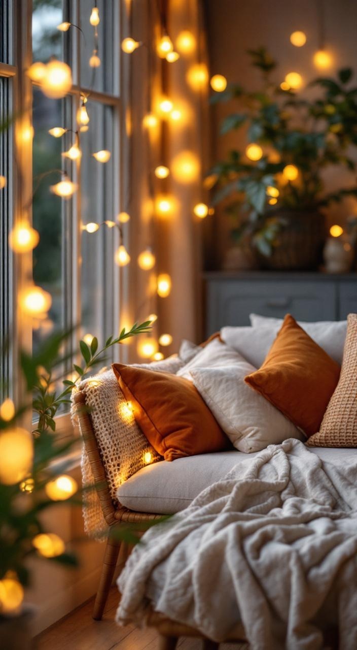 String lights adding warmth and charm to indoor and outdoor spaces, perfect for cozy atmospheres.